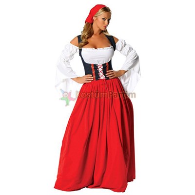 Bayerische Kıyafeti Alman Bayan Kostümü Kırmızı